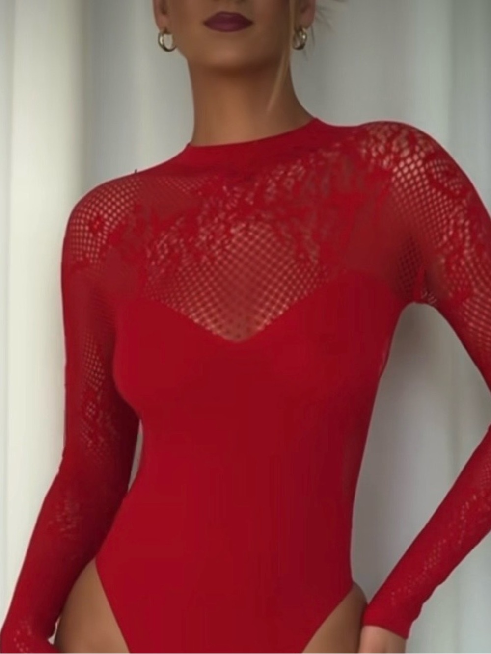 NWT Oh Polly red warp knit bodysuit